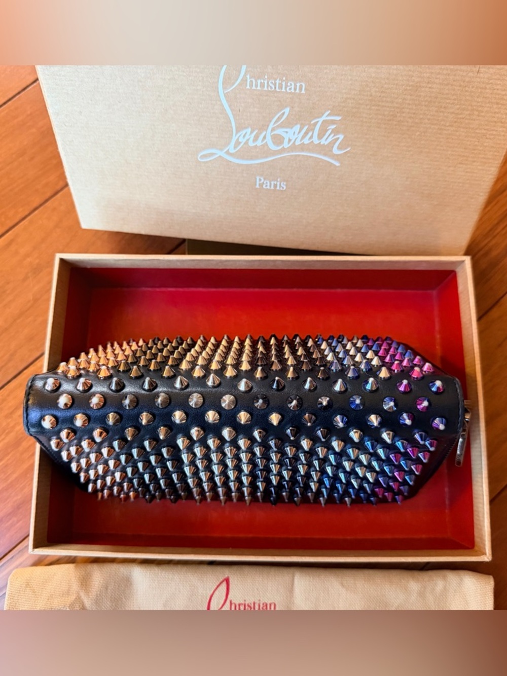 Louboutin Panettone Wallet,Black with Rainbow Spiked Studded Zip Around closure’ - Picture 10 of 16